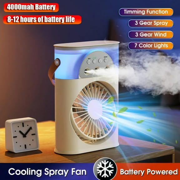4000mah Rechargeable 8 Hour Battery Life Portable Fan Air Conditioners Electric Fan Household Small Air Cooler LED Night Light Water 3 in 1 Air Humidifie for Home