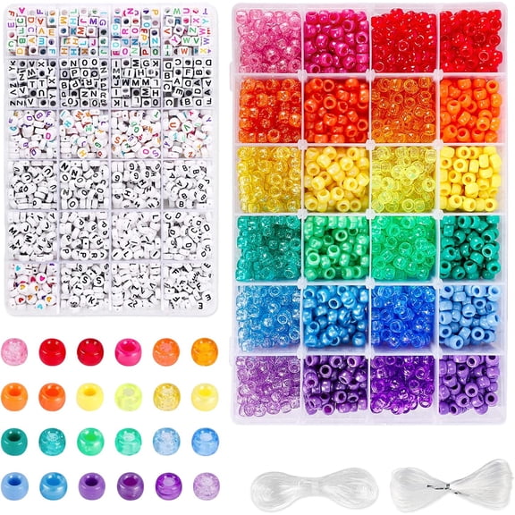 4000pcs Kandi Pony Beads Kit, Rainbow & Letter Beads with Elastic String