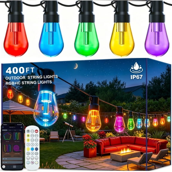 400FT RGB+IC Outdoor String Lights, Outside Light Dimmable Shatterproof LED Bulbs, IP67 Waterproof Chasing Effect Lighting DreamColor Patio Strip Lights for Backyard, Balcony, Outdoor Living