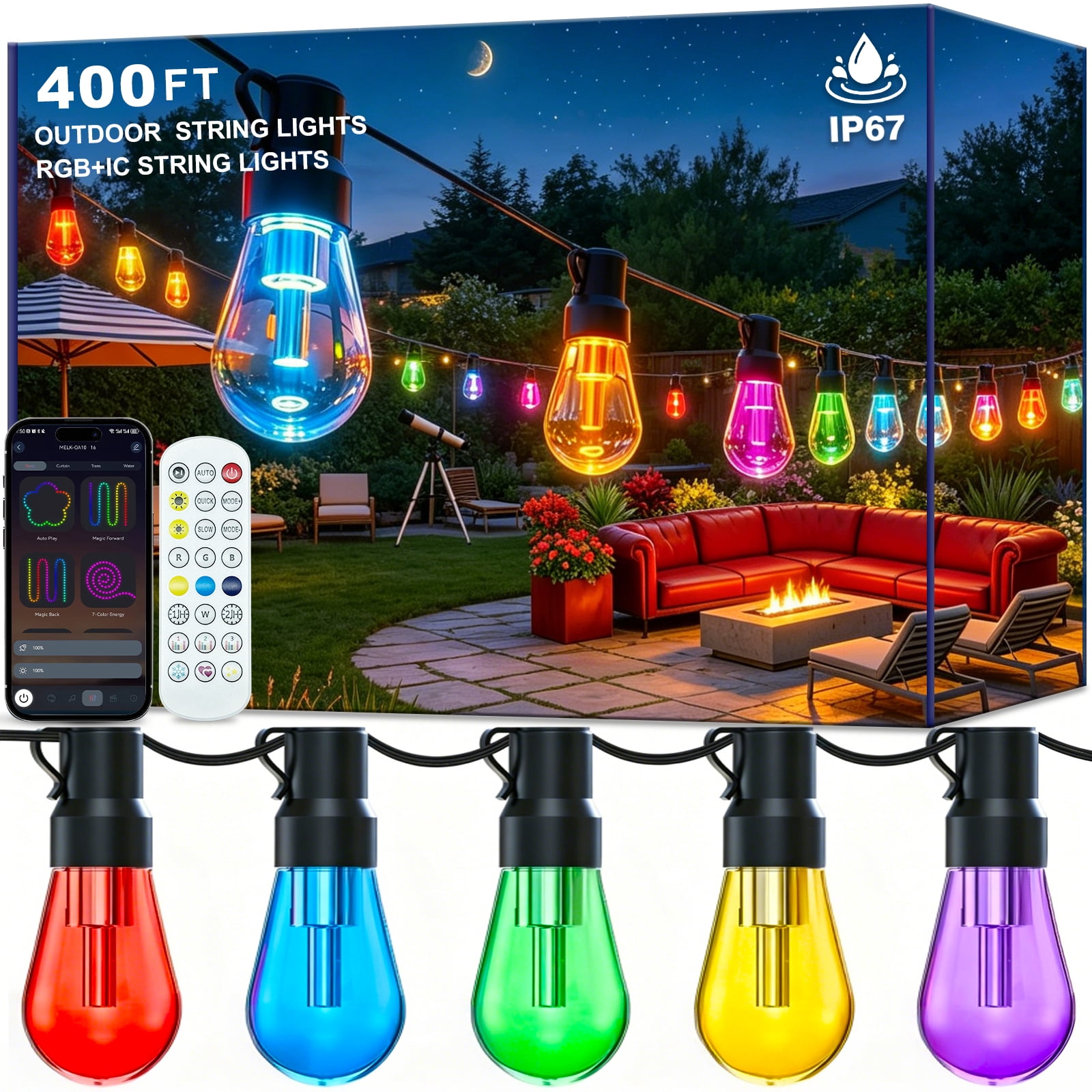 400FT RGB Outdoor String Lights, +IC Outside Light Dimmable Shatterproof LED Bulbs, IP67 Waterproof Chasing Effect Lighting DreamColor Patio Strip Lights for Backyard, Balcony, Outdoor Living