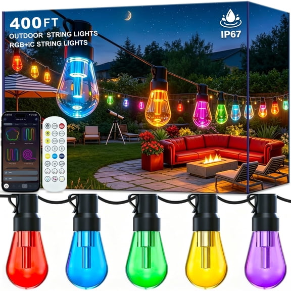 400FT RGB Outdoor String Lights, +IC Outside Light Dimmable Shatterproof LED Bulbs, IP67 Waterproof Chasing Effect Lighting DreamColor Patio Strip Lights for Backyard, Balcony, Outdoor Living