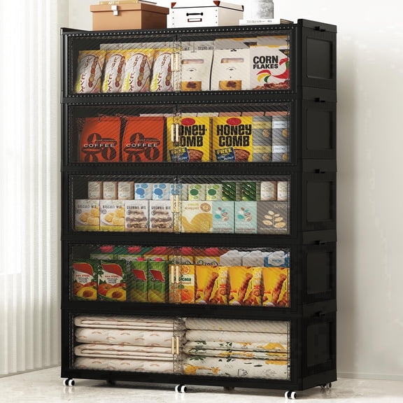 Heavy Duty 400Gal Collapsible Stackable Storage Bins with Lins, 5-Pack 39.4" W Rolling Organizer Cabinet with Doors for Bedroom, Home & Garage, Black