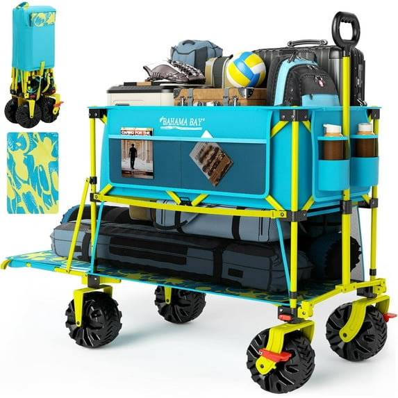 400L Collapsible Double Decker Beach Wagon with Brakes, Folding Beach Cart with 54" Extra Long Decker, 450LBS Heavy Duty Wagon Chart with All-Terrain Big Wheels for Sand Camping Garden