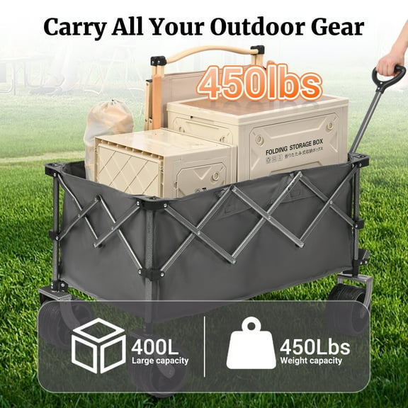 400L Collapsible Wagon, Heavy-Duty Folding Cart with All-Terrain Wheels, 450LB Capacity, Portable Beach Wagon for Camping, Sports, Garden, Gray