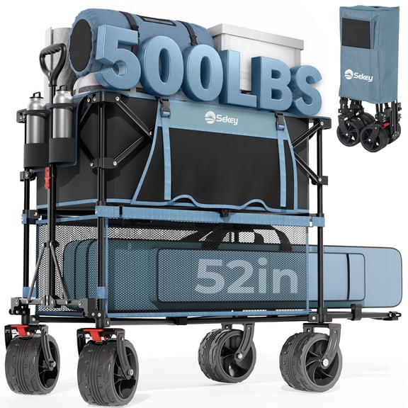 400L Large Capacity Folding Double Decker Wagon with Brakes, 50" Extra Long Extender Cart, 500lbs Heavy Duty Collapsible Wagons, All-Terrain Big Wheels for Camping, Sports, Shopping. Blue