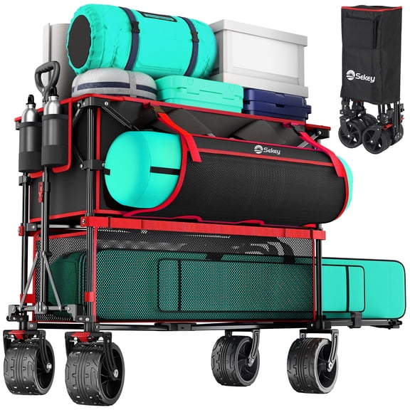 400L Large Capacity Folding Double Decker Wagon with Brakes, 50" Extra Long Extender Cart, 500lbs Heavy Duty Collapsible Wagons, All-Terrain Big Wheels for Camping, Sports, Shopping. Red&Black