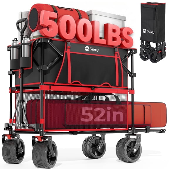 Sekey 400L Double Decker Folding Wagon, 50" Extender Cart, 500lb Capacity, All-Terrain Wheels for Camping, Red/Black