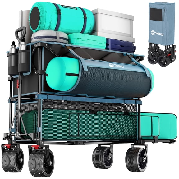 400L Large Capacity Folding Double Decker Wagon with Brakes, 50" Extra Long Extender Cart, 500lbs Heavy Duty Collapsible Wagons, All-Terrain Big Wheels for Camping, Sports, Shopping. Blue