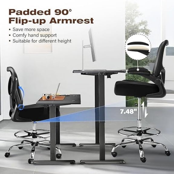 400LBS Drafting Chair, Tall Office Chair with Adjustable Lumbar Support&Footrest Ring, Comfy Extra Deep W-Shape Thicken Cushion, Breathable Mesh Standing High Desk Chair with Padde