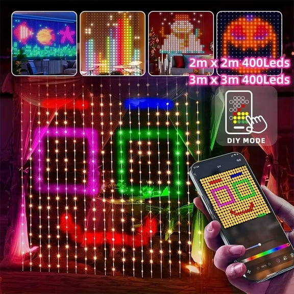 400LEDs 2m × 2m Curtain Lights Decoration Smart USB RGB DIY Pattern String Lights Lamps Outdoor App Control With Remote Strobe For Bedroom