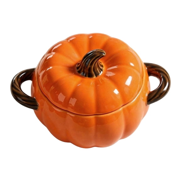 400ML Pumpkin Bowl Set with Lid and Handle, Ceramic Casserole Dish for Baking, Mini Baking Dish Cute Pumpkins Bowl, Pumpkin Shaped Cookware for Home