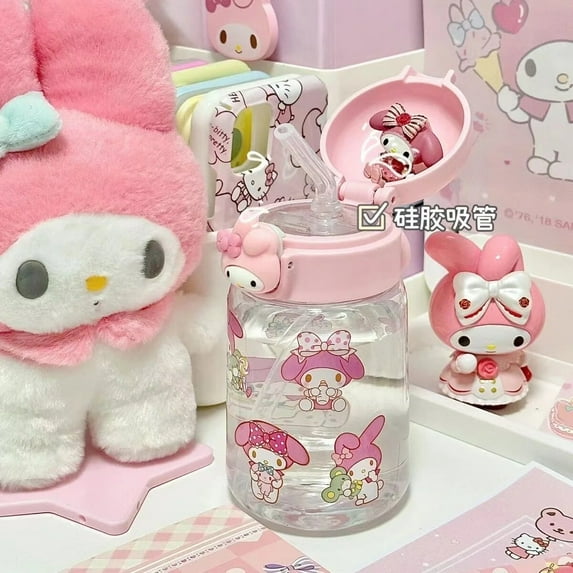 400ML Sanrio Cinnamoroll Water Bottle Cute Anime Cartoon Kuromi My Melody Safety Plastic Accompanying Straw Cup Kawaii Kid Gifts