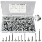 400PCS #8#10#12 Hex Head Self Drilling Screw Assortment Kit, Stainless Steel Self Tapping Metal Wood Screws with Rubber Washer 1/2" to 2"