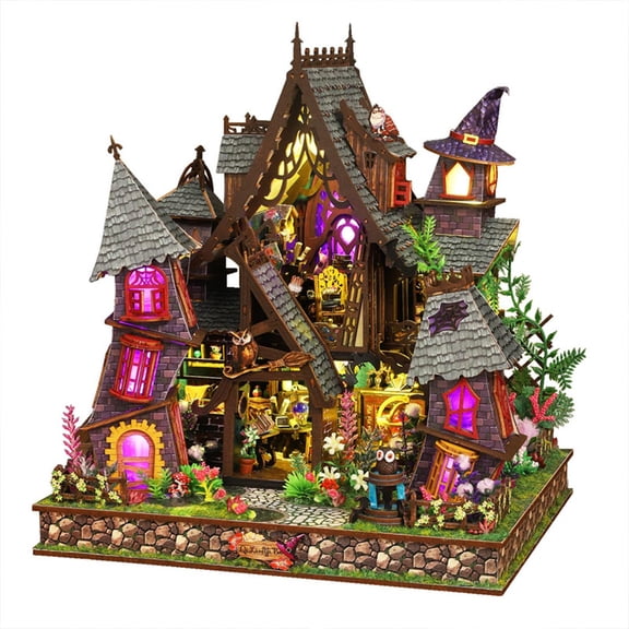 400PCS DIY Magic Castle House Model Kit, Wooden 3D Puzzle Miniature Assembly Building Set With LED Display Decor For Collectors