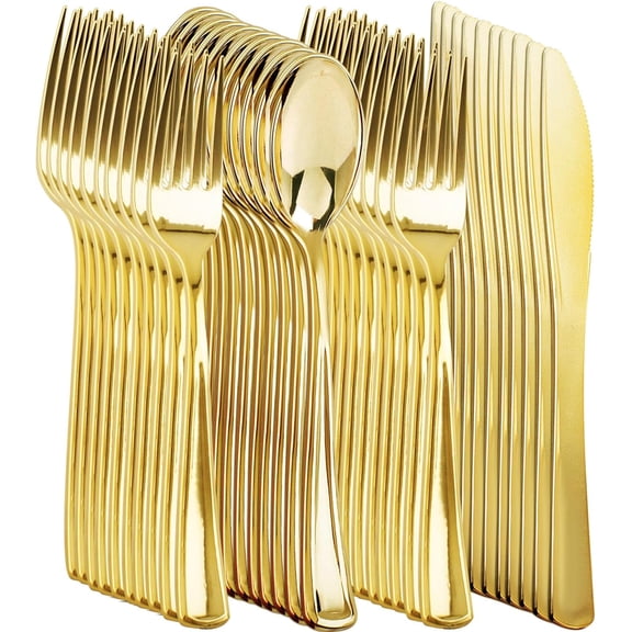 400PCS Gold Plastic Silverware - Gold Plastic Cutlery Include 200 Forks, 100 Spoons, 100 Knives, Disposable Silverware Perfect for Party&Daily Using