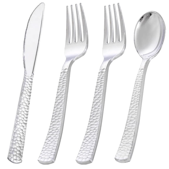 400PCS Plastic Silverware - Extra Heavy Duty Hammered Silverware Disposable Set, Utensils Set for Party/Wedding/Father's Day
