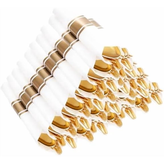 400PCS Pre Rolled Gold Plastic Silverware Sets - Heavy Duty Fancy Gold Cutlery - Include 100 Pack Wrapped Disposable Utensils with Napkins for Parties, Dinners & Weddings