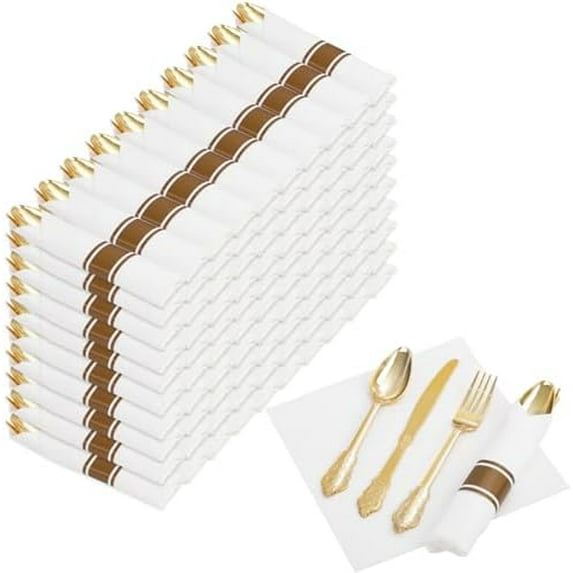 400PCS Pre Rolled Gold Plastic Silverware Sets - Heavy Duty Fancy Gold Cutlery - Include 100 Pack Wrapped Disposable Utensils with Napkins for Parties, Dinners & Weddings