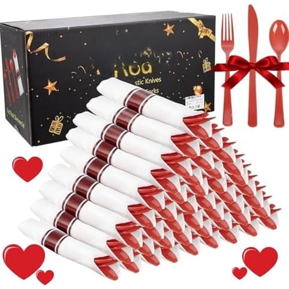 400PCS Pre Rolled Red Silverware and Napkin - Disposable Red Plastic Utensils-Wrapped Plastic Cutlery Set with Napkin:100Forks,100Knives,100Spoons,100Napkins for Wedding＆Valentine's Day