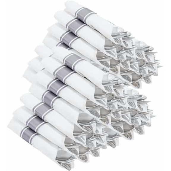 400PCS Pre Rolled Silver Plastic Silverware Sets - Heavy Duty Silver Cutlery - Include 100 Pack Wrapped Disposable Utensils with Napkins for Parties & Dinners & Weddings