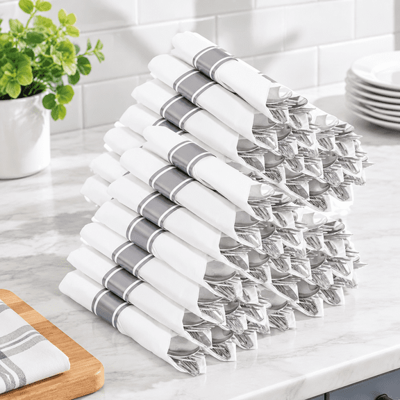 400PCS Pre Rolled Silver Plastic Silverware Sets for Dinners & Weddings