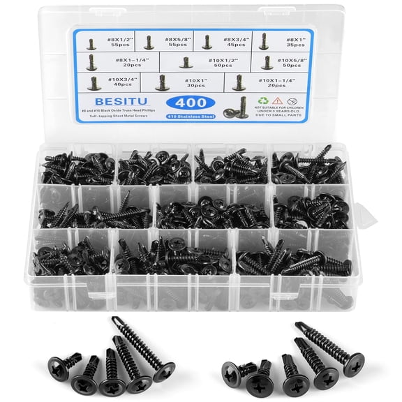 400PCS Self Tapping Screws, 410 Stainless Steel Self Drilling #8#10 Black Oxide Sheet Metal Screw, Length 1/2" to 1-1/4'', Truss Head Wood Screws Assortment for Metal, Plastic and RV