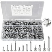400PCS Self Tapping Screws with Rubber Washer, Hex Washer Head Self Drilling #8/#10/#12 Length 1/2" to 2"
