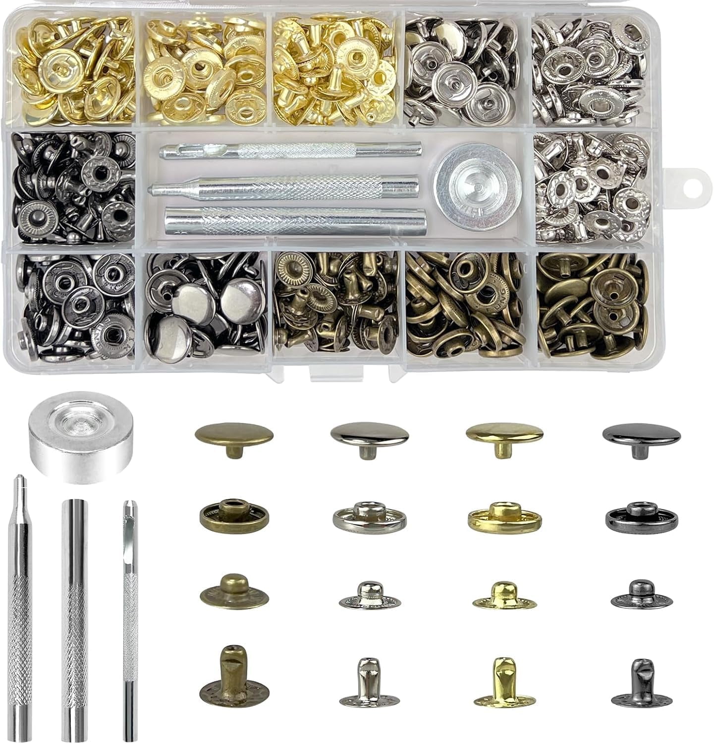 400PCS Snap Fasteners Kit, 100 Sets 12.5mm Metal Press Studs with Setting Tools, Rustproof Small Buttons for Thin Leather, Clothing Repair, Jewelry & DIY Crafting