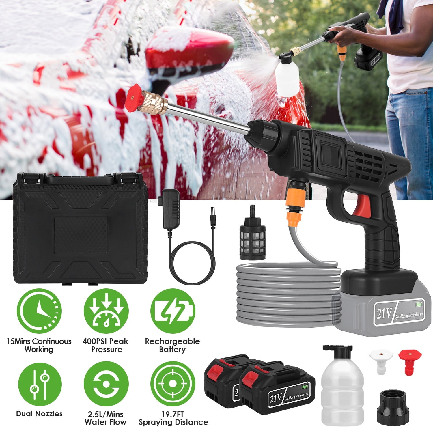 400PSI Cordless Pressure Washer, 300W Portable Power Washer with 2 Nozzles & Foam Bottle 1200mAh Rechargeable Battery for Car Bike Patio Window Fence Cleaning