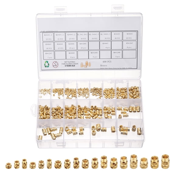 400Pack M2 M2.5 M3 M4 M5 M6 Metric Threaded Inserts Brass Heat Set Insert Knurled Nuts Assortment Kit, 3D Printing Brass Nuts Female Threaded Inserts Nuts