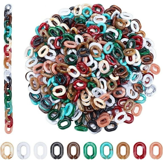 400Pcs 10 Colors Acrylic Linking Rings Oval Linking Chain Rings Colorful Quick Link Connectors for Eyeglass Chain Jewelry Making Jean Pocket Chain Lanyard Phone Strap Decoration Marble Color for DIY