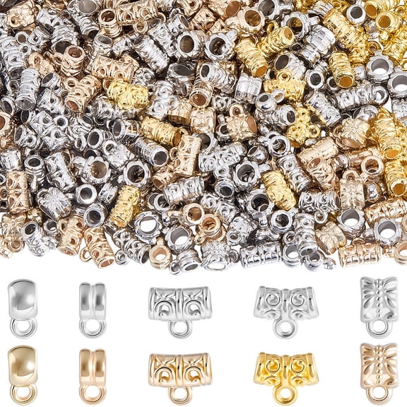 400Pcs 10 Styles CCB Plastic Tube Bails Loop Bails Platinum & Golden 9~11x4~11x4.5~7.5mm Hole: 1.5~2.8mm Inner Diameter: 3~5mm 40pcs/style