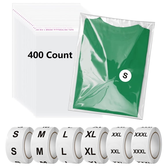 400Pcs 11 X 14 Inch Poly Bags for Shipping, Clear Resealable Garment Bag Set With 3000 Size Labels, Self Sealing Clear Cellophane Bags for Clothes And T Shirt Packaging, Small Business Shipping