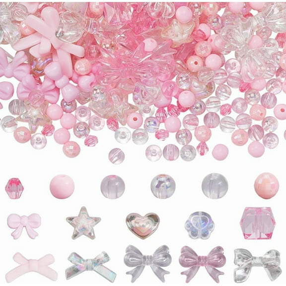 400Pcs 16 Styles Pink Assorted Shape Beads Acrylic Bows Beads Pastel Plastic Transparent Bowknot Star Heart Round Focal Loose Spacers for Jewelry Making Supplies DIY Craftings Bracelets Colorful DIY