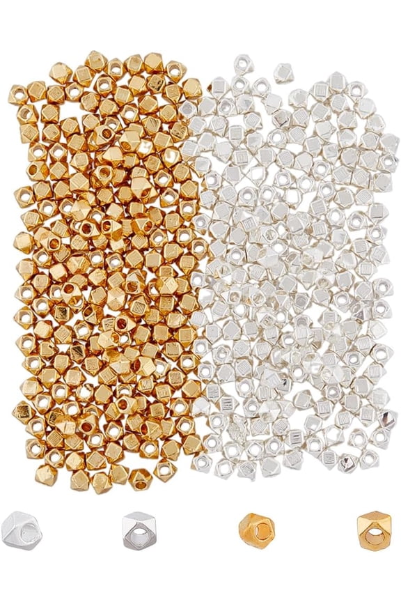 400Pcs 2 Colors 2.5mm Alloy Cube Spacer Beads Center Drilled Finding Beads Big Hole Loose Bead Charms Golden Silver Loose Connector Beads for DIY Craft Jewelry Findings