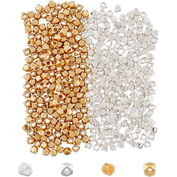 400Pcs 2 Colors 2.5mm Alloy Cube Spacer Beads Center Drilled Finding Beads Big Hole Loose Bead Charms Golden Silver Loose Connector Beads for DIY
