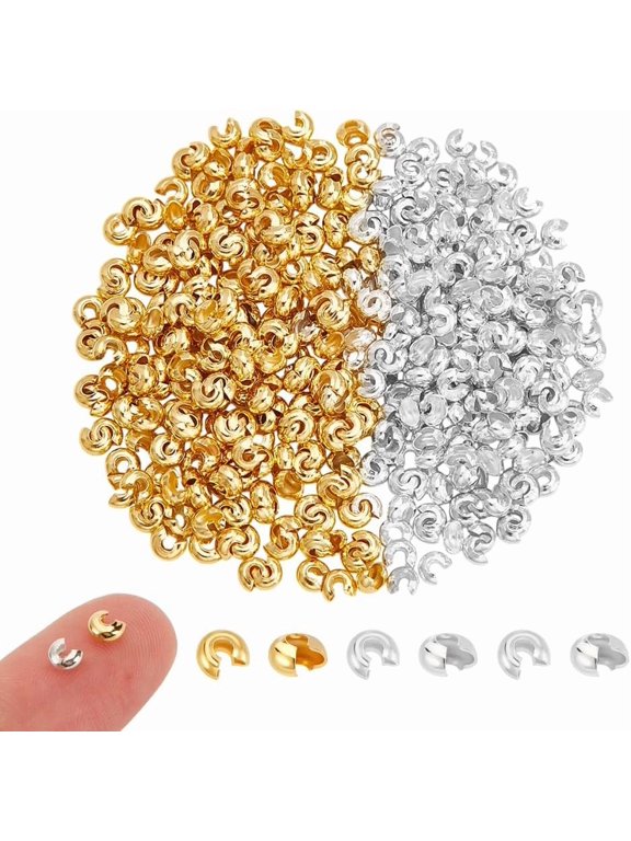 400Pcs 2 Colors Crimp Bead Knot Covers Half Round Open Crimp Beads Covers 3.2mm in Diameter Meatal Crimp Beads Necklace Beads for DIY Bracelets Jewelry Makings Metal Golden & Silver