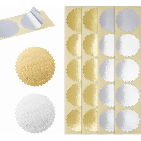 400Pcs 2 Colors Embossing Blank Stickers Metallic Scallop Edge Stickers Self Adhesive Certificate Seals Embossed Foil Sticker Sealing Sticker for Embosser Stamp Wine Bottle Weddings colorful