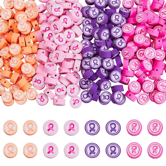 400Pcs 4 Colors Breast Cancer Awareness Ribbon Beads Ribbon Polymer Clay Beads Bulk Cancer Awareness Bead Soft Colorful Flat Round Spacer Bead