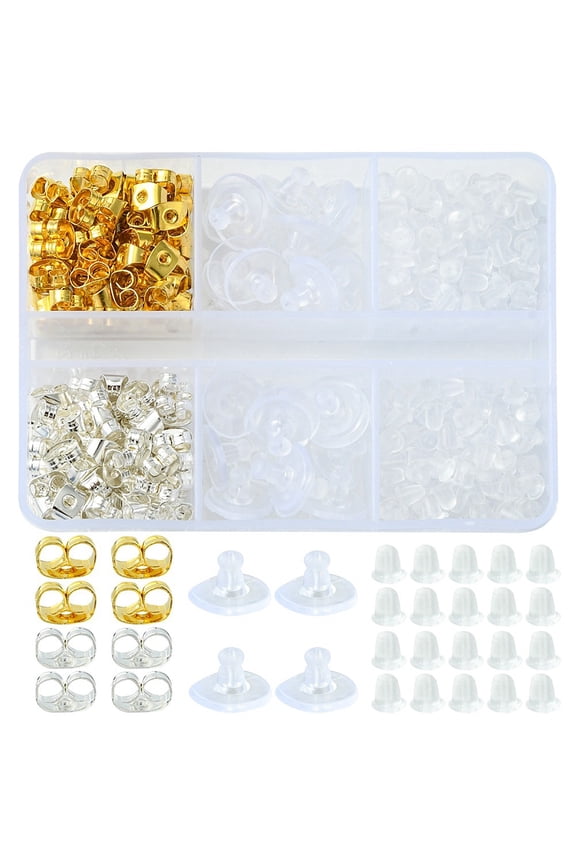 400Pcs 4 Style Iron Plastic Ear Nuts Bell Ear Nuts Friction Ear Nuts Clutch Earring Backs Golden Silver 4~10x4~6x3mm Hole: 0.7~1mm