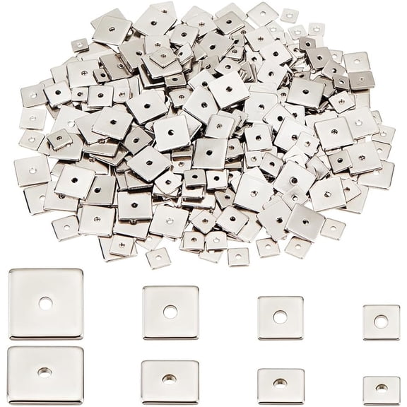 400Pcs 4 Styles 304 Stainless Steel Spacer Beads Square Stainless Steel Color 4~8x4~8x0.8~1mm Hole: 1.2mm 100pcs/style