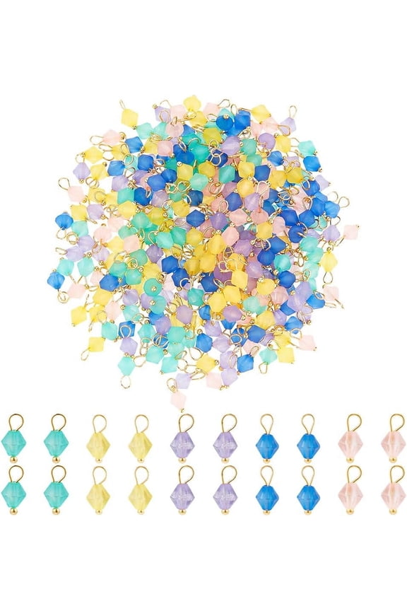 400Pcs Acrylic Dangle Charms Frosted Crystal Charms Facted Drop Beads Charms with Brass Findings Small Multi-Colored Cone Charms
