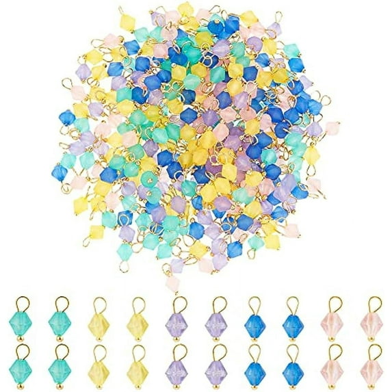 400Pcs Acrylic Dangle Charms Frosted Crystal Charms Facted Drop Beads Charms with Brass Findings Small Multi-Colored