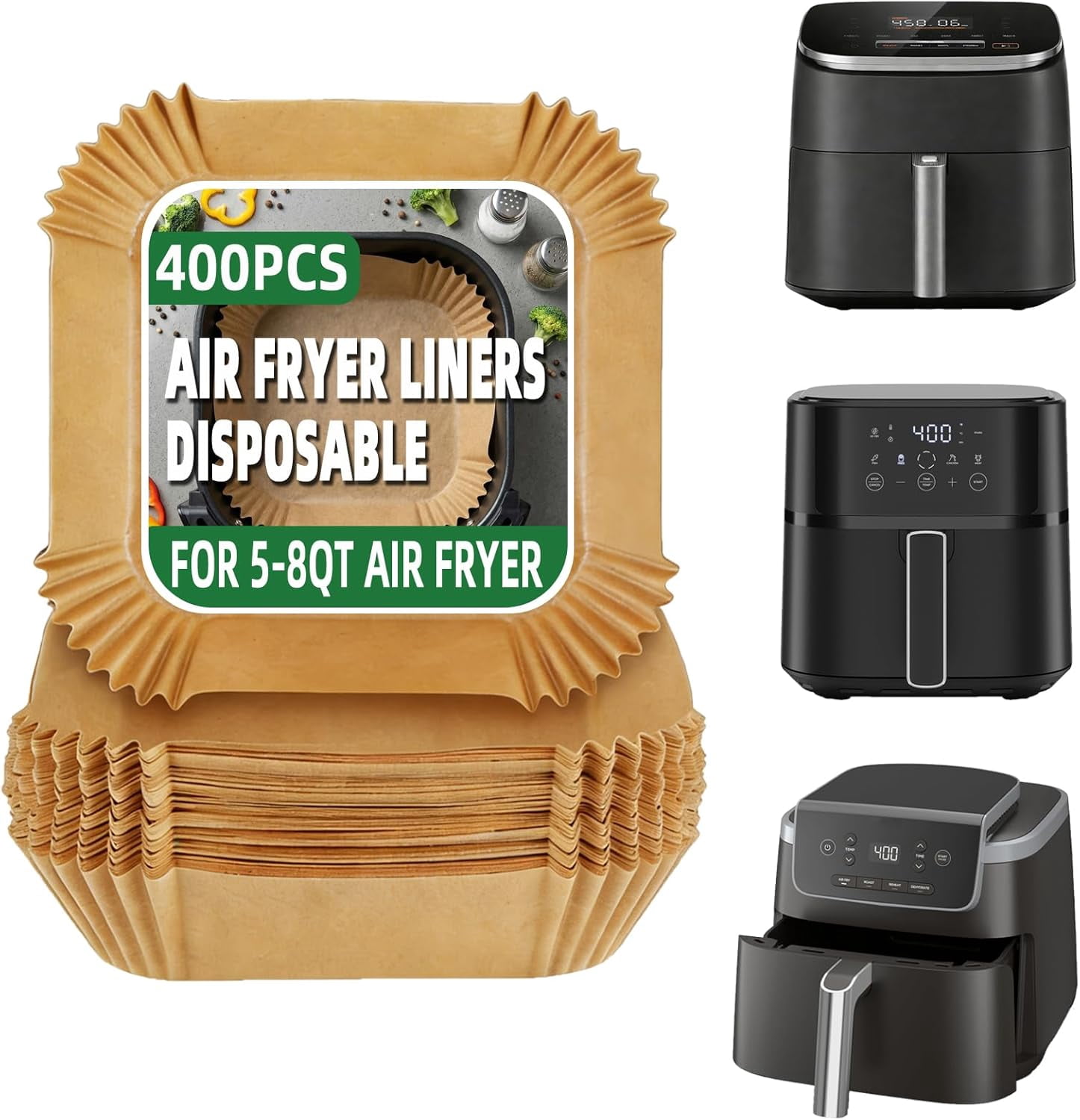 400Pcs Air Fryer Liners Disposable,8" Square Food Grade Liners,Non-Stick Parchment Paper Liners for Ninja AF141 5 QT Pro AF181 6.5QT, 6 QT &Other 5 to 8Qt Airfryer