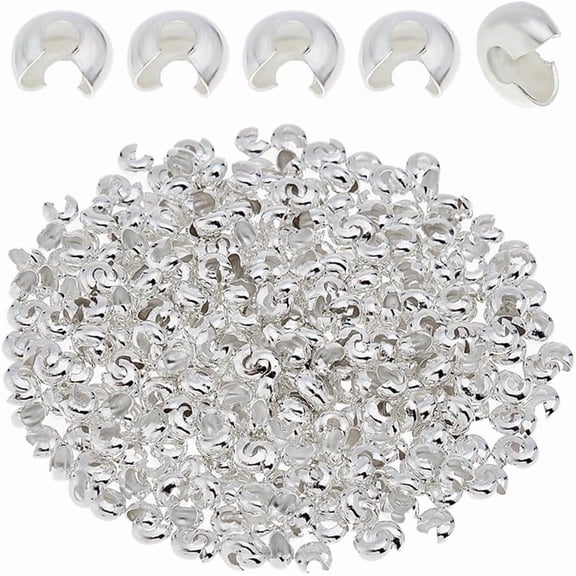 400Pcs Brass Crimp Beads Covers 4mm Silver Knot Cover Caps Half Round Open Crimp Bead Knot Covers Loose Beads End Tips DIY