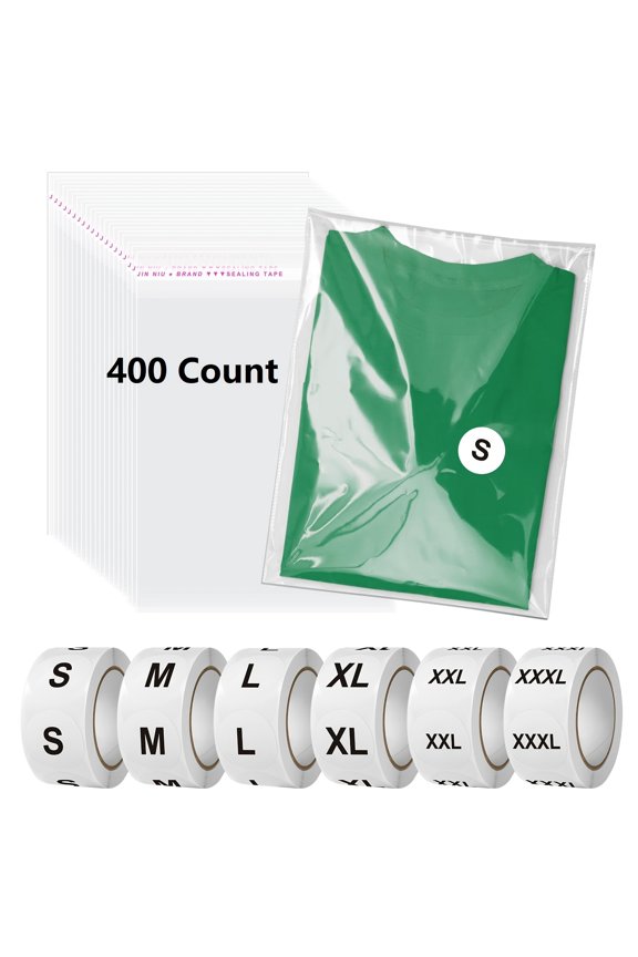 400Pcs Clear Cellophane Plastic Bag 11X14 Inch, Poly Bags for Shipping Clothes, Clear Bags for Clothes with 3000 Size Labels, Self Sealing Clothing Storage Bag for T Shirt Packaging, Small Business