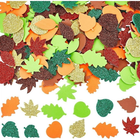 400Pcs Glitter Fall Leaf Sticker Bulk Thanksgiving Theme Stickers Yellow Green Red Self Adhesive Autumn Maple Leaves Shaped Sticker for Art DIY Craft Party Decoration Accessories