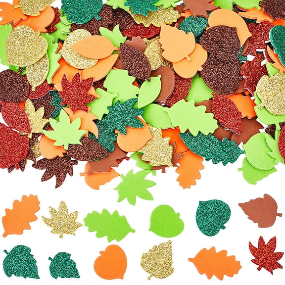 400Pcs Glitter Fall Leaf Sticker Bulk Thanksgiving Theme Stickers Yellow Green Red Self Adhesive Autumn Maple Leaves Shaped Sticker for Art DIY