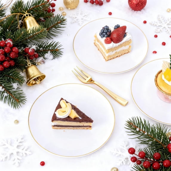 400Pcs Gold Dessert Plates 6.3" with Forks 5"- 200PCS Small Disposable Dessert/Cake/Appetizer Plates and 200PCS Forks - Serve 200 Guests for Wedding Party&Thanksgiving&Birthday&New Year&XMAS