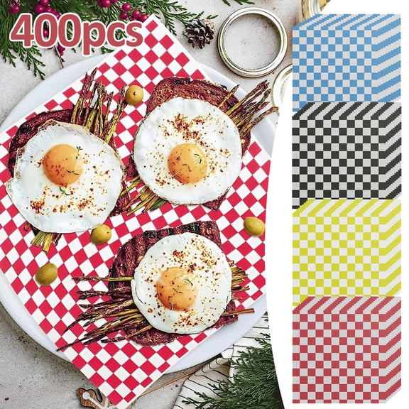 400Pcs Greaseproof Paper Liners Food Grade Sandwich Paper Wraps Checkered Food Wrapping Paper Reusable Paper Basket Liner Multipurpose Paper Sheets for BBQ Picnic Festival Party Fast Food 18x18cm
